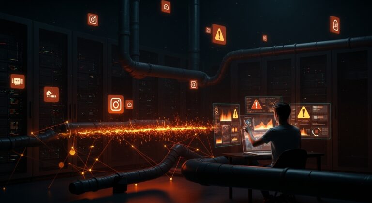 Interrupciones en plataformas digitales clave que afectan la conectividad y la infraestructura, mostrando a un fundador de startup enfrentando los retos tecnológicos.