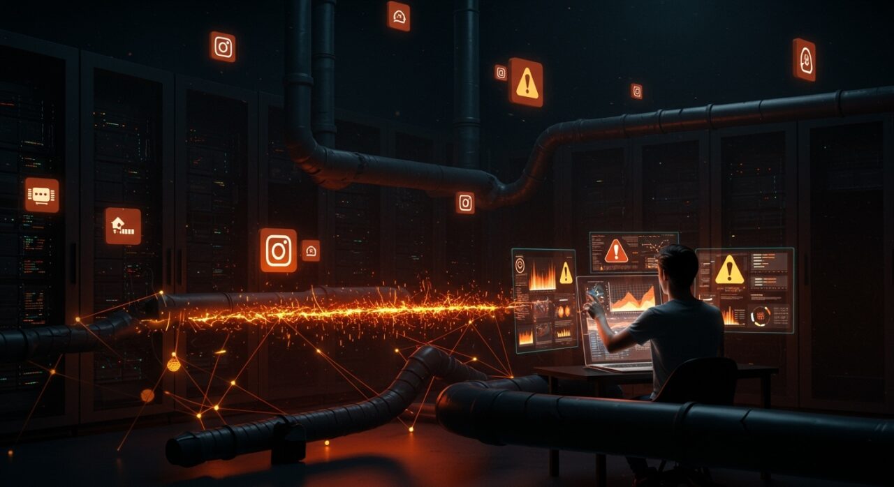 Interrupciones en plataformas digitales clave que afectan la conectividad y la infraestructura, mostrando a un fundador de startup enfrentando los retos tecnológicos.