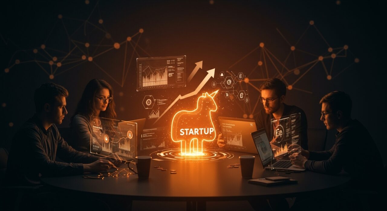 Inversión de más de 4600 millones de dólares en startups fintech y unicornios en América Latina durante 2024, mostrando founders tecnológicos colaborando en un entorno innovador.