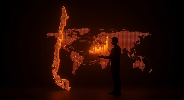 Inversiones asiáticas en Chile representadas por un inversionista chino con gráficos financieros y flujos de inversión digitales en tonos naranja y negro.