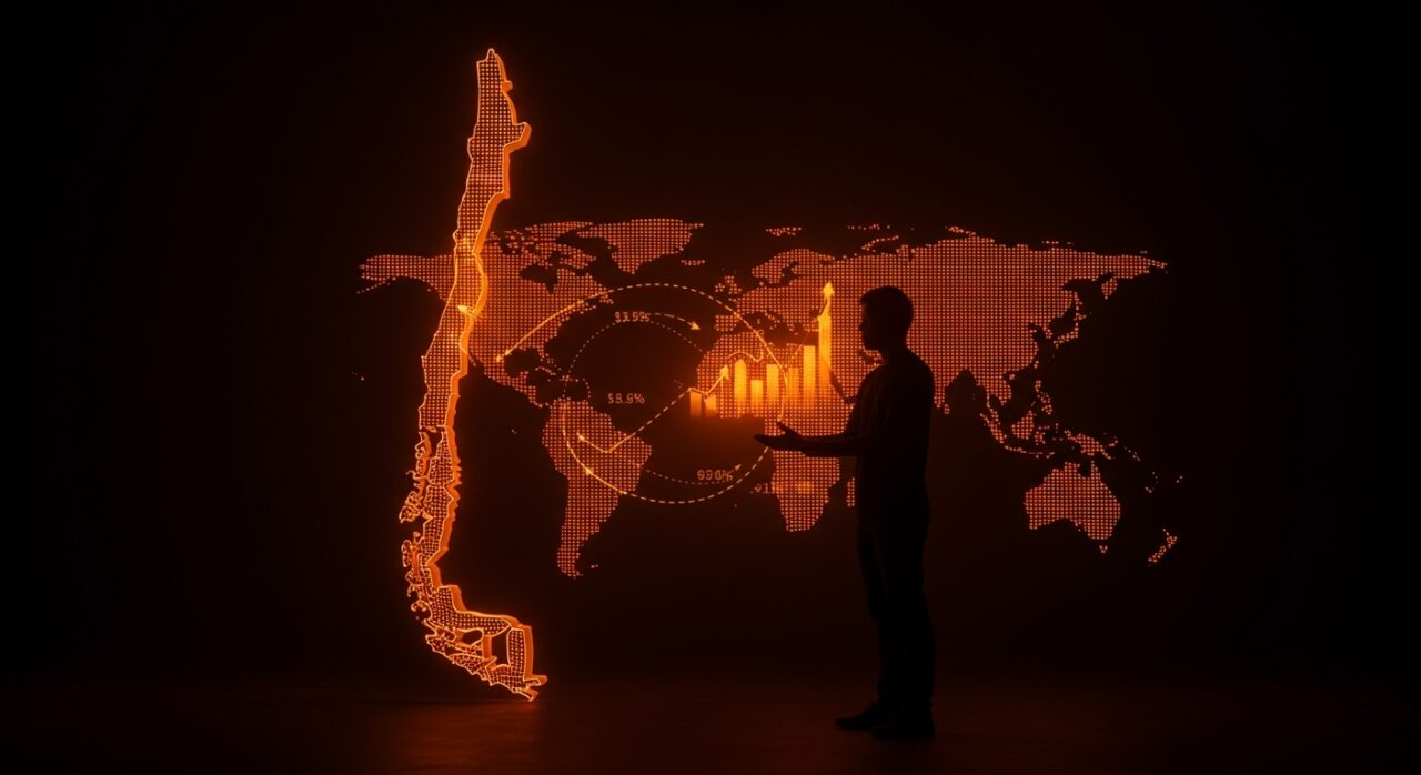 Inversiones asiáticas en Chile representadas por un inversionista chino con gráficos financieros y flujos de inversión digitales en tonos naranja y negro.
