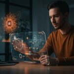 Fundador tech implementando gobernanza de IA ISO 42001 en startup SaaS con visualizaciones abstractas de frameworks y riesgos IA.