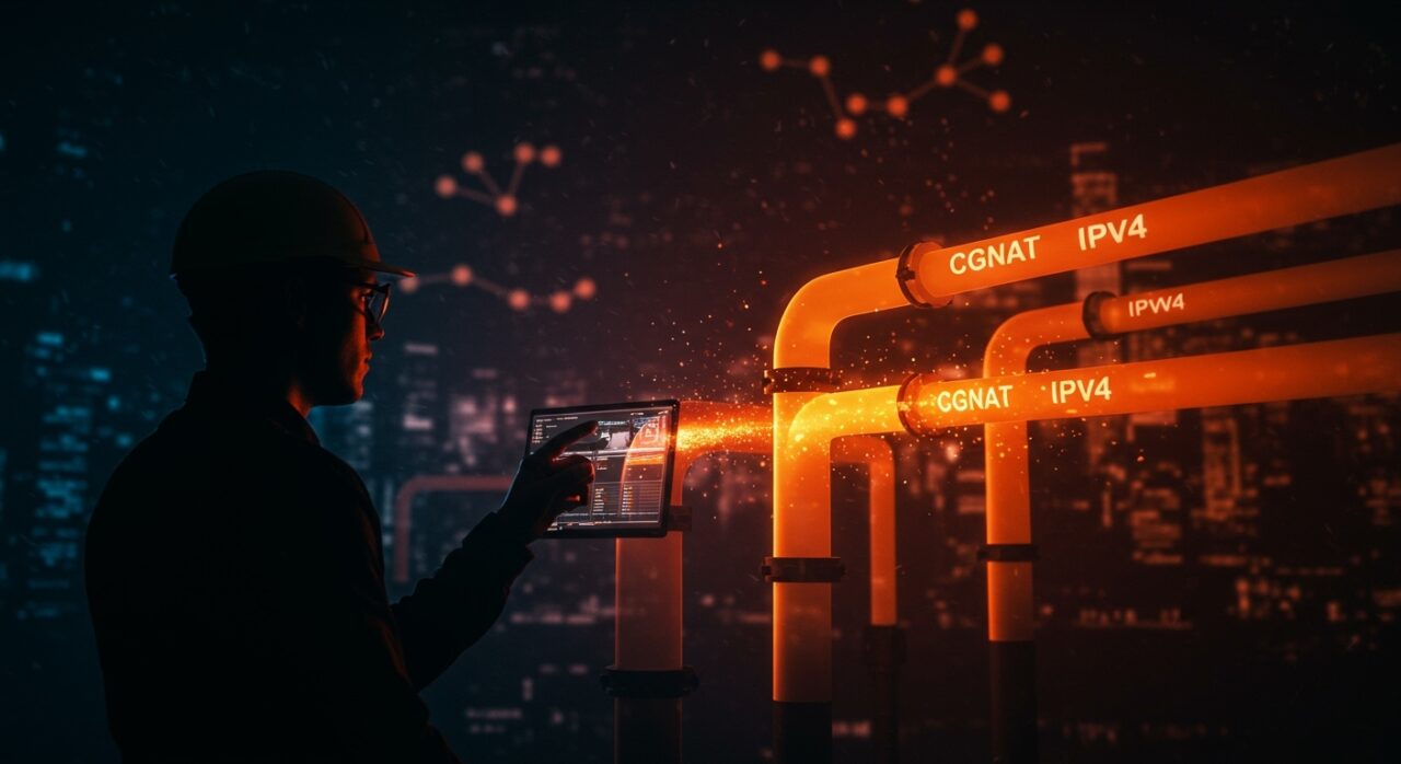 Impacto de CGNAT en la equidad digital ilustrado con flujo de datos y red de ISPs en colores naranja y negro.