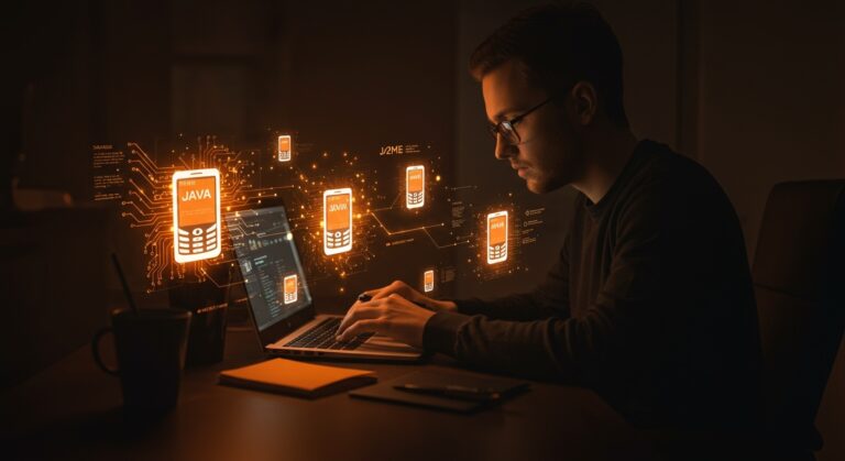 Desarrollador móvil trabajando con Java J2ME en un entorno que simboliza emulación y preservación tecnológica en la comunidad técnica.