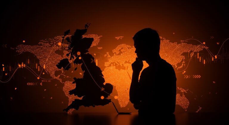 Silhouette de Jack Ma con mapa digital del Reino Unido y elementos abstractos que simbolizan diversificación patrimonial e inversión bajo riesgo político.