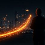 Inversión en startups en Abu Dhabi representada por un inversor clave en un paisaje urbano futurista con símbolos de ecosistema emprendedor y flujo de funding.