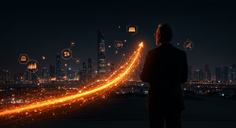 Inversión en startups en Abu Dhabi representada por un inversor clave en un paisaje urbano futurista con símbolos de ecosistema emprendedor y flujo de funding.