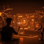 Interfaz holográfica de world modeling en JAX con fundador tecnológico y robótica, representando IA aplicada escalable en Ecosistema Startup.