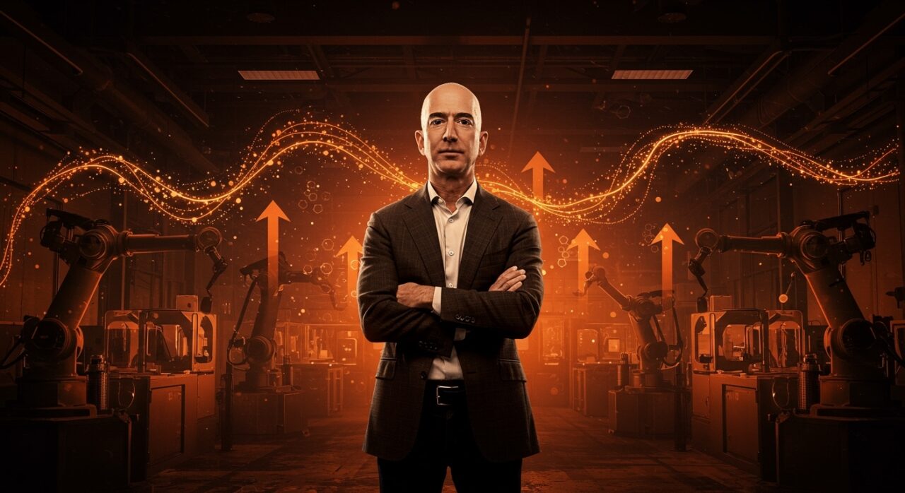 Jeff Bezos liderando innovación en IA industrial y automatización en startup tecnológica con gran funding.