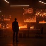 Jeff Bezos con interfaz holográfica de inteligencia artificial y gráficos financieros representando financiamiento récord en IA y tendencias tecnológicas.