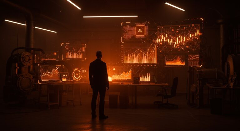 Jeff Bezos con interfaz holográfica de inteligencia artificial y gráficos financieros representando financiamiento récord en IA y tendencias tecnológicas.