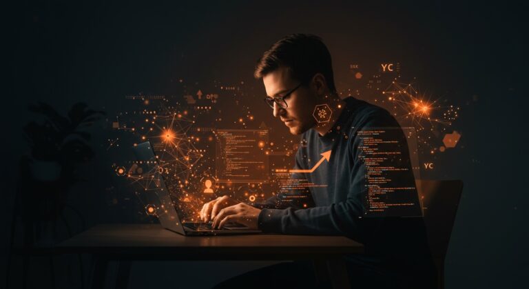Desarrollador utilizando un IDE AI-First para React acelerando el desarrollo frontend con IA, representado en colores naranja y negro del ecosistema startup.