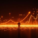 Fundador frente a paisaje digital financiero iluminado en naranja, representando la ronda de funding de Kalshi y su valuación de 11 mil millones de dólares.