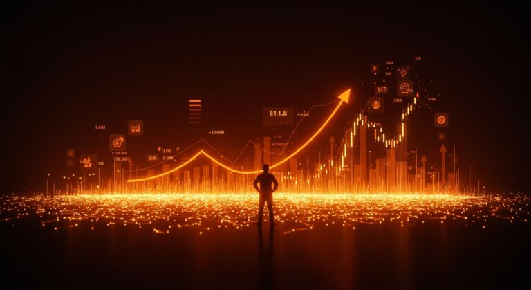 Fundador frente a paisaje digital financiero iluminado en naranja, representando la ronda de funding de Kalshi y su valuación de 11 mil millones de dólares.