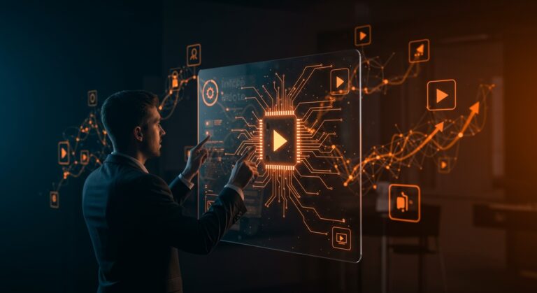 Profesional de negocios interactuando con inteligencia artificial generativa aplicada al video empresarial, representando la adquisición tecnológica de Kaltura.