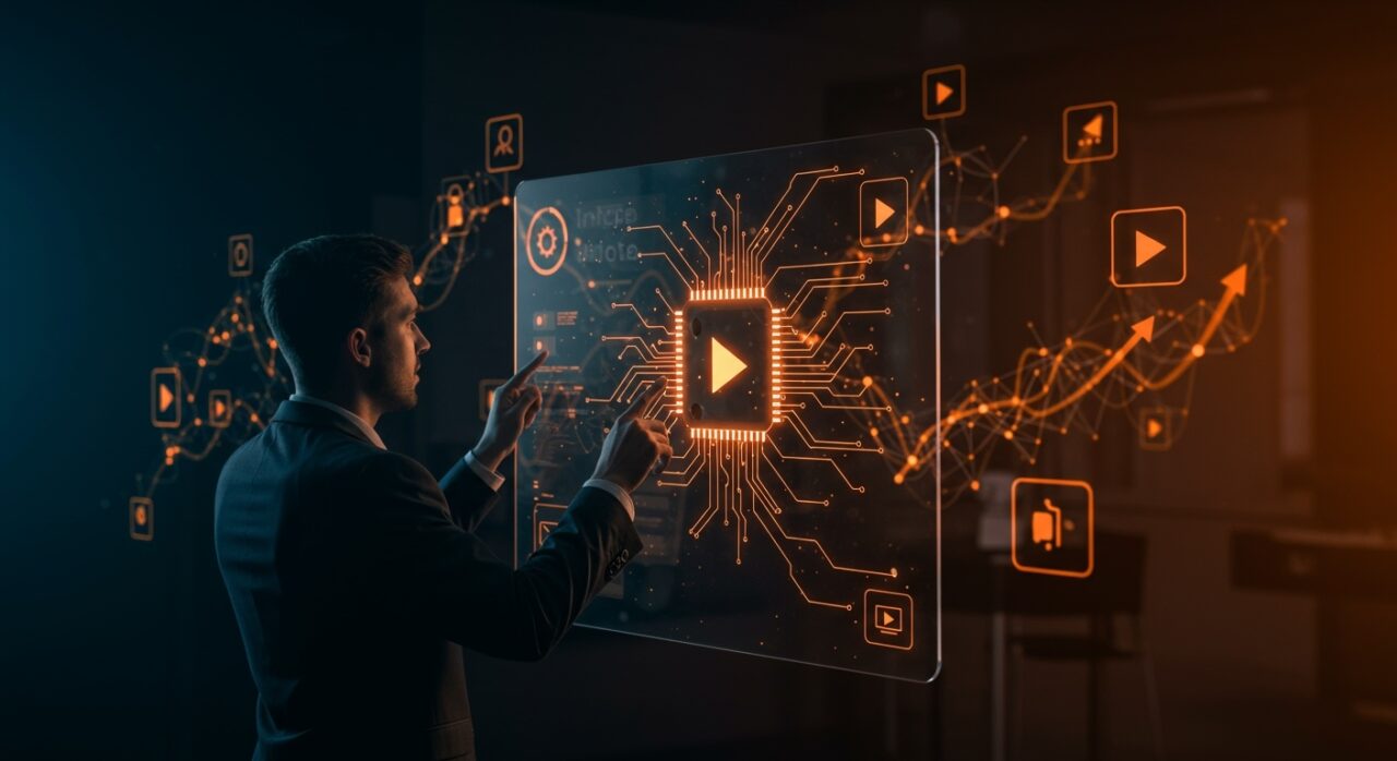 Profesional de negocios interactuando con inteligencia artificial generativa aplicada al video empresarial, representando la adquisición tecnológica de Kaltura.