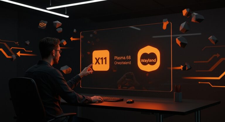 Desarrollador tecnológico en un entorno digital mostrando la migración de KDE Plasma 6.8 hacia Wayland eliminando soporte X11 en Linux.
