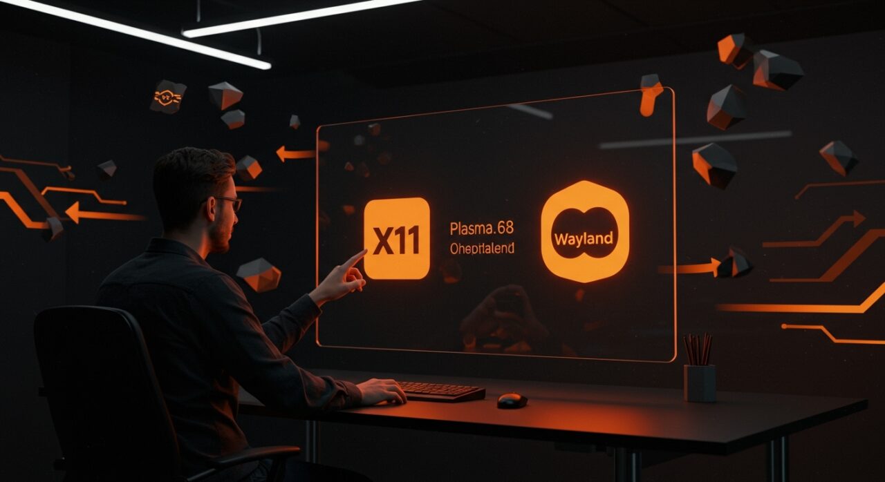 Desarrollador tecnológico en un entorno digital mostrando la migración de KDE Plasma 6.8 hacia Wayland eliminando soporte X11 en Linux.