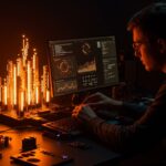 Ingeniero desarrollando hardware creativo con gráficos vectoriales y software embebido inspirado en DOOM y KiCad, destacando innovación open source para proyectos tecnológicos en LATAM.