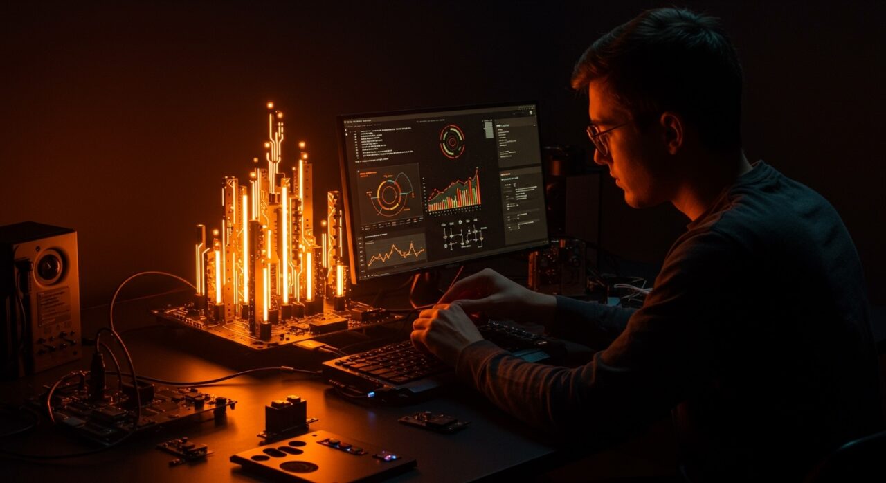 Ingeniero desarrollando hardware creativo con gráficos vectoriales y software embebido inspirado en DOOM y KiCad, destacando innovación open source para proyectos tecnológicos en LATAM.