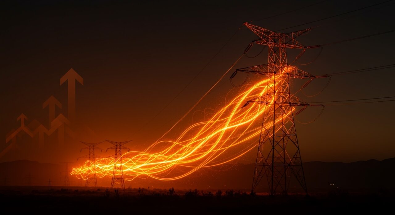 Línea de alta tensión Kimal-Lo Aguirre iluminada, simbolizando inversión y energía limpia en la infraestructura eléctrica de Chile.