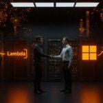 Acuerdo de infraestructura de IA entre Lambda y Microsoft con Nvidia, simbolizando alianzas estratégicas y expansión tecnológica en el ecosistema startup.