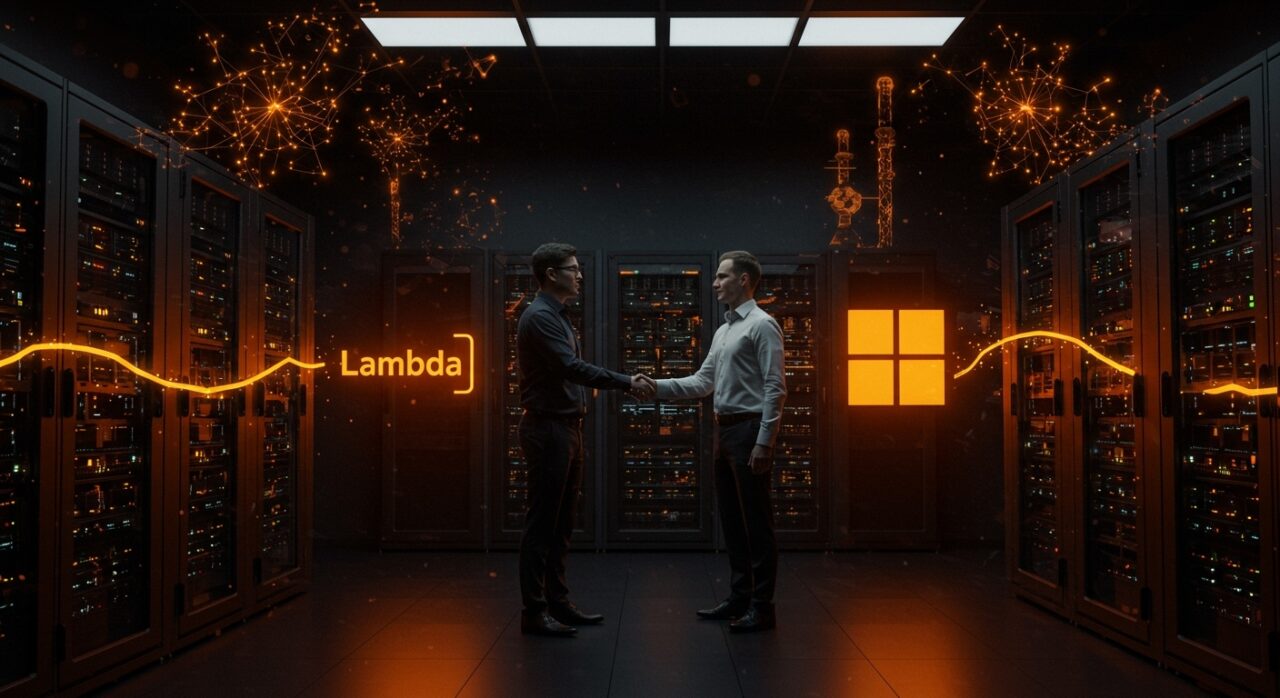 Acuerdo de infraestructura de IA entre Lambda y Microsoft con Nvidia, simbolizando alianzas estratégicas y expansión tecnológica en el ecosistema startup.