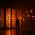 Fundador de startup frente a un centro de datos futurista iluminado, simbolizando financiación multimillonaria e infraestructura de IA con Microsoft.