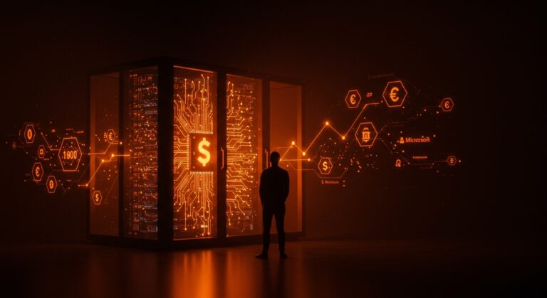 Fundador de startup frente a un centro de datos futurista iluminado, simbolizando financiación multimillonaria e infraestructura de IA con Microsoft.