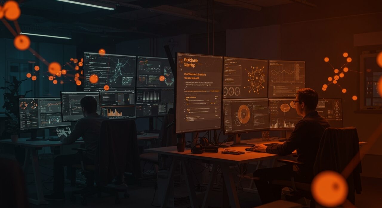 Ingenieros de soporte técnico open source trabajando en Berlín con visuales de inteligencia artificial aplicada y cultura startup en ambiente tecnológico.