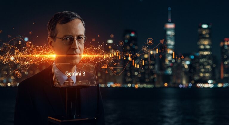 Retrato estilizado de Larry Page junto a un interfaz digital de Gemini 3, ilustrando el impacto de la IA de Alphabet en el mercado de startups.
