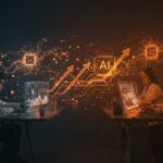 Equipo colaborando en investigación y financiación temprana de inteligencia artificial con hologramas y redes neuronales abstractas en tonos naranja y negro.