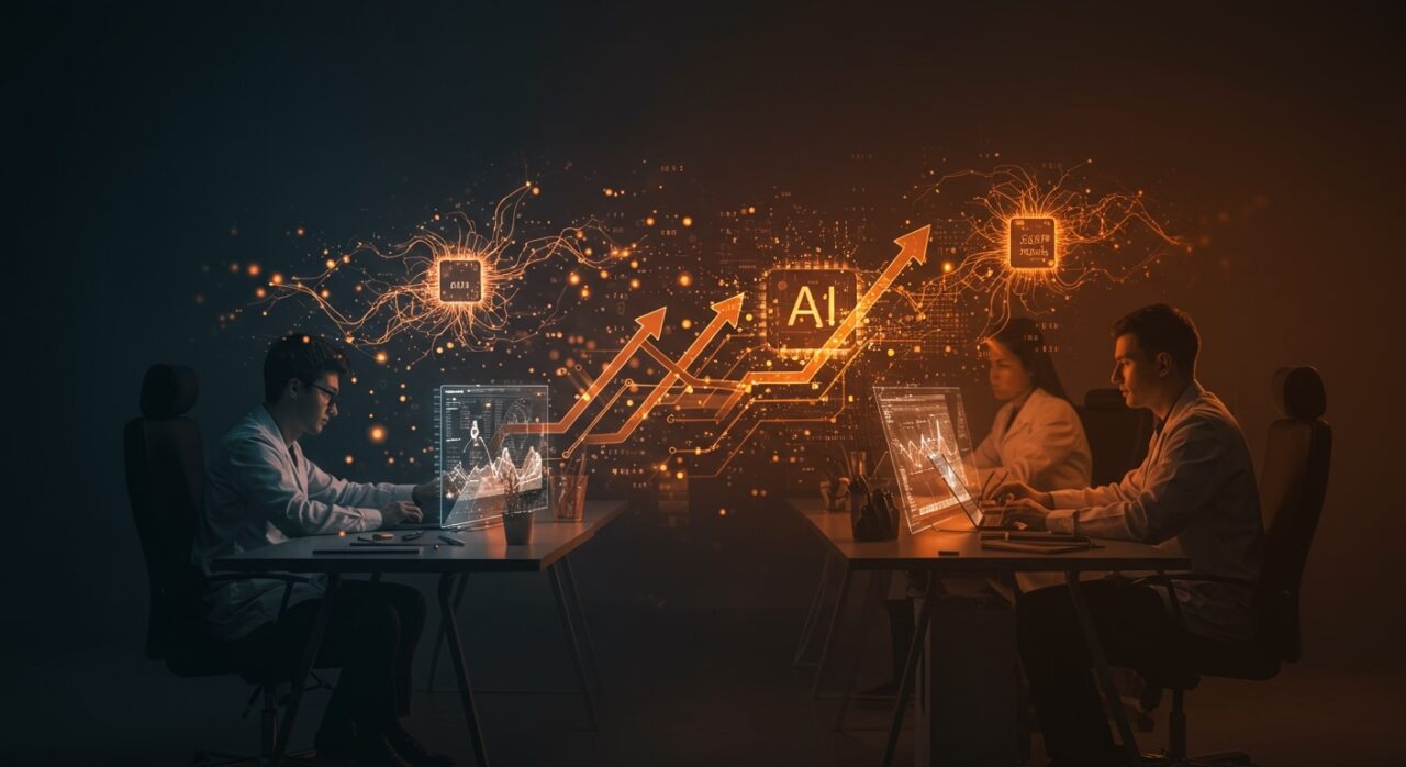 Equipo colaborando en investigación y financiación temprana de inteligencia artificial con hologramas y redes neuronales abstractas en tonos naranja y negro.