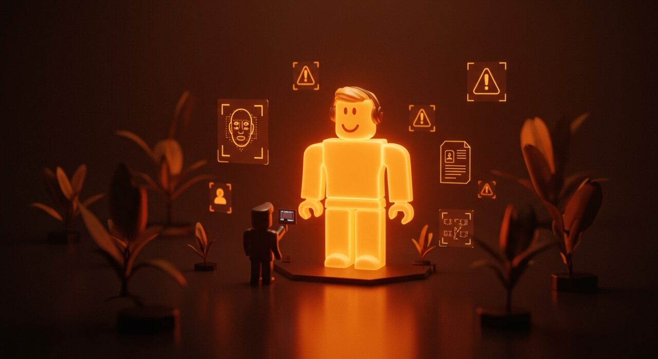 Ilustración conceptual sobre seguridad infantil y regulación en plataformas digitales basada en el caso Roblox.