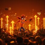 Imagen de Crash Bandicoot emergiendo entre códigos digitales destacando lecciones de innovación tecnológica para startups de videojuegos.
