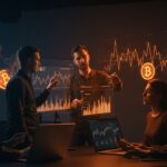 Equipo fintech trabajando con gráficos de volatilidad de Bitcoin y sistemas de gestión de riesgos en un entorno tecnológico avanzado.