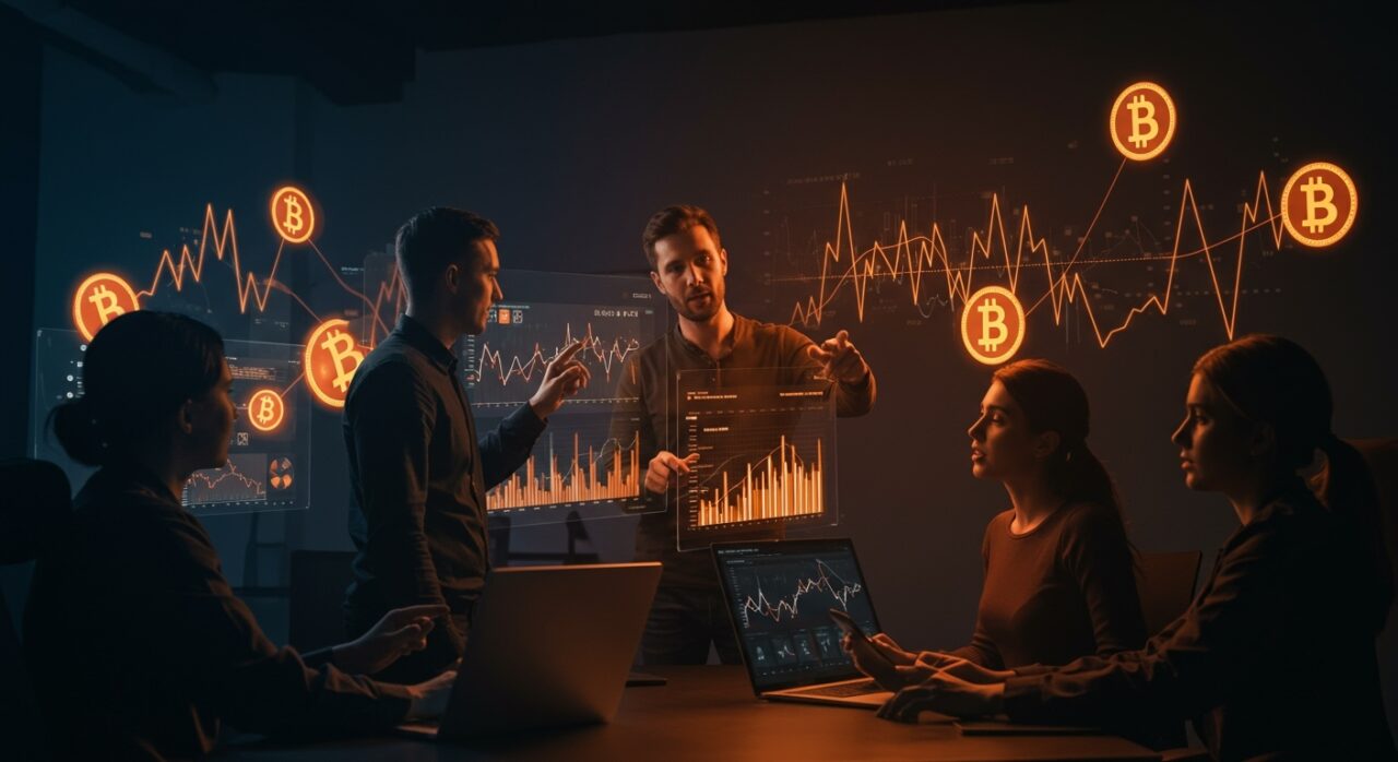 Equipo fintech trabajando con gráficos de volatilidad de Bitcoin y sistemas de gestión de riesgos en un entorno tecnológico avanzado.