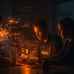 Fundador y equipo de startup utilizando IA aplicada para transcripción y validación de producto, simbolizando crecimiento y compromiso en tecnología.