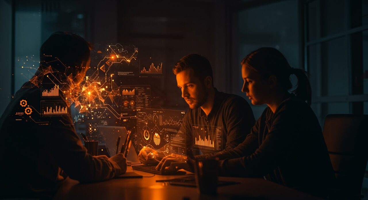 Fundador y equipo de startup utilizando IA aplicada para transcripción y validación de producto, simbolizando crecimiento y compromiso en tecnología.