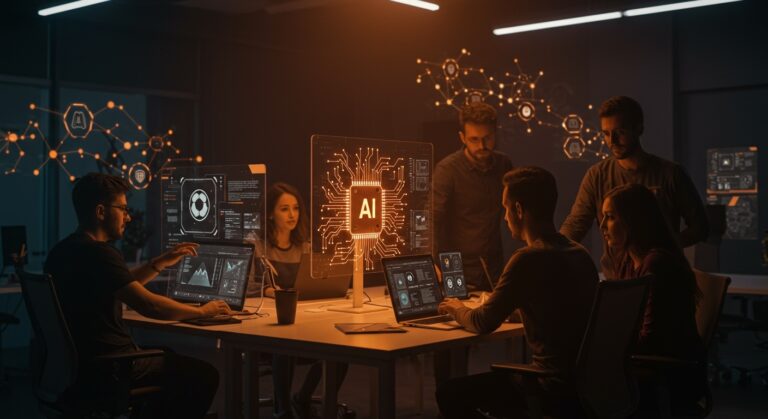 Equipos de expertos implementando agentes de IA en producción para automatización e inteligencia artificial en startups tecnológicas.