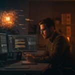 Founder de startup evaluando textos generados por inteligencia artificial fine-tuned en entorno tecnológico moderno.