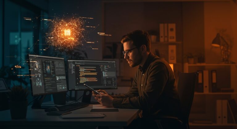 Founder de startup evaluando textos generados por inteligencia artificial fine-tuned en entorno tecnológico moderno.