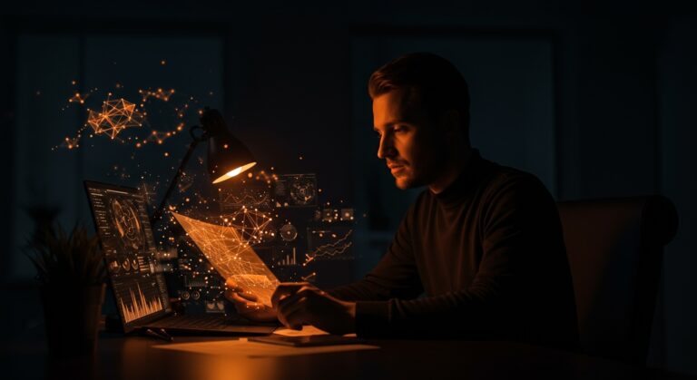 Visualización de auto-supervisión escalable en inteligencia artificial para startups con patrones de redes neuronales y estructuras geométricas en tonos naranja y negro.