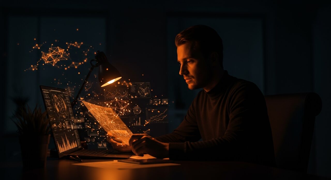 Visualización de auto-supervisión escalable en inteligencia artificial para startups con patrones de redes neuronales y estructuras geométricas en tonos naranja y negro.