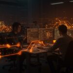 Equipo colaborando con software libre de diseño electrónico automatizado en entorno de hardware abierto con interfaz futurista en colores naranja y negro.