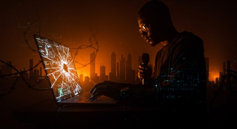 Periodismo reprimido por leyes anti-ciberdelito con metáforas digitales de censura y restricciones en Nigeria, Pakistán y Jordania.