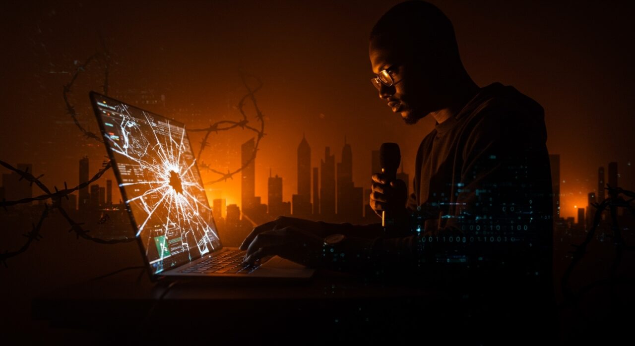 Periodismo reprimido por leyes anti-ciberdelito con metáforas digitales de censura y restricciones en Nigeria, Pakistán y Jordania.