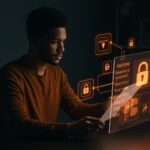 Founder de startup gestionando licenciamiento de fuentes digitales con elementos visuales que representan riesgos legales y alternativas a Monotype en branding digital.