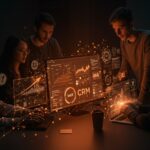 Fundadores de startups colaborando con un CRM nativo en inteligencia artificial en un entorno digital avanzado, destacando innovación y automatización para el ecosistema startup.