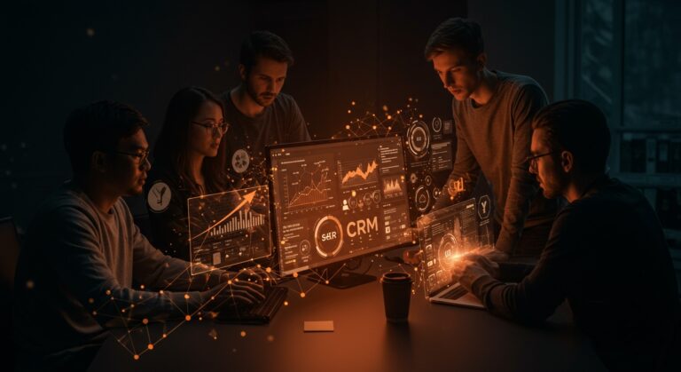 Fundadores de startups colaborando con un CRM nativo en inteligencia artificial en un entorno digital avanzado, destacando innovación y automatización para el ecosistema startup.